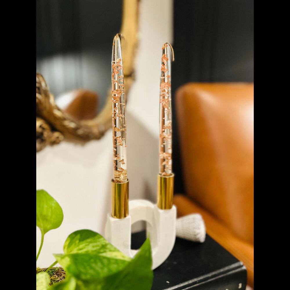 Vintage Gregorian Lucite Candlesticks With Copper Flakes Non-Burning Lucite